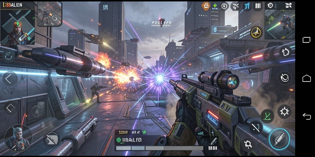 Tampilkan momen action dari gameplay FPS yang mendebarkan.