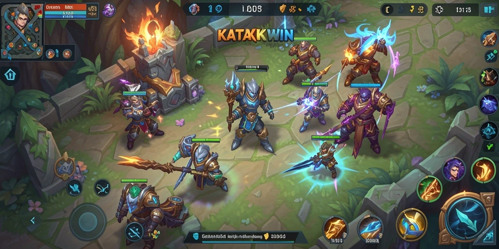 Screenshot dari gameplay KATAKWIN menunjukkan aksi pertarungan tim yang dinamis.