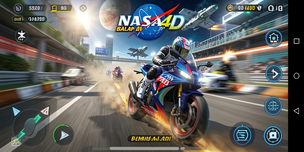 Tampilan gameplay NASA4D dengan motor balap di lintasan yang menarik.