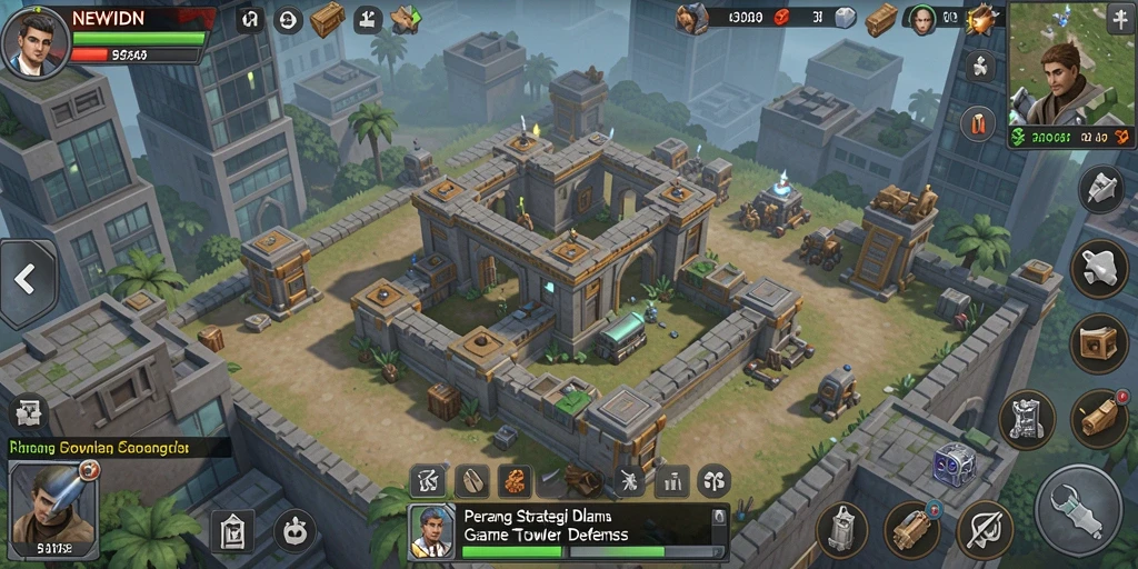 Tangkapan layar gameplay NEWIDN menampilkan pertempuran Tower Defense yang epik.