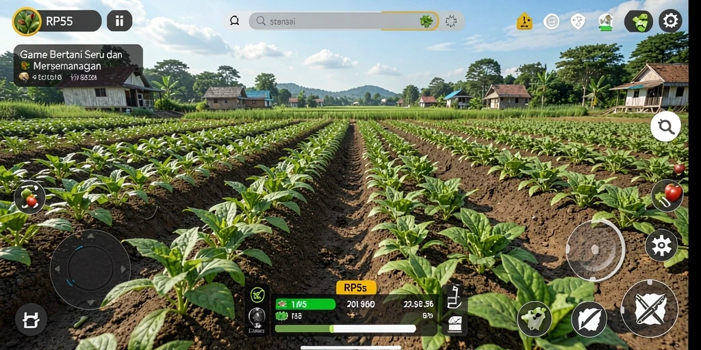 Screenshot RP55 menampilkan ladang subur dengan berbagai tanaman yang siap panen.