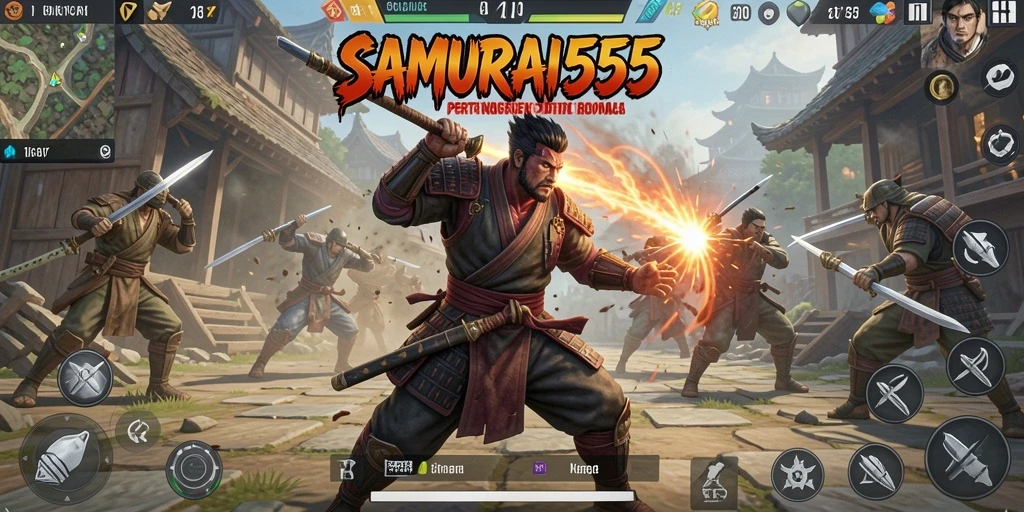 Screenshot gameplay intens dari SAMURAI555 menunjukkan aksi pertarungan Battle Royale.
