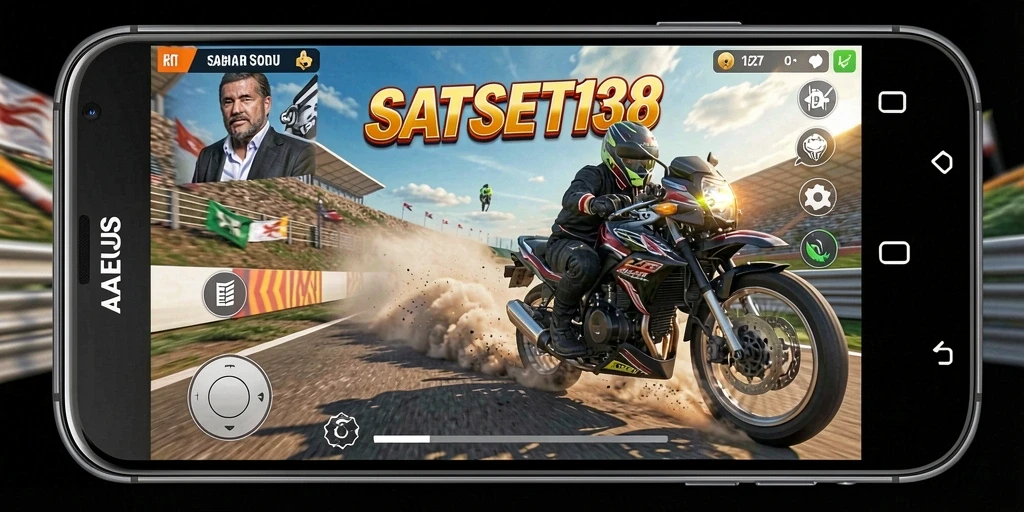 Tampilan gameplay yang mendebarkan dari SATSET138 di trek balap.