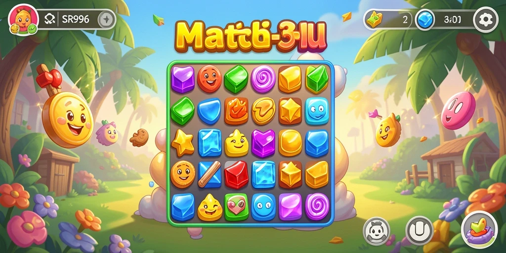 Tampilan gameplay SR996 dengan elemen Match-3 yang berwarna-warni.