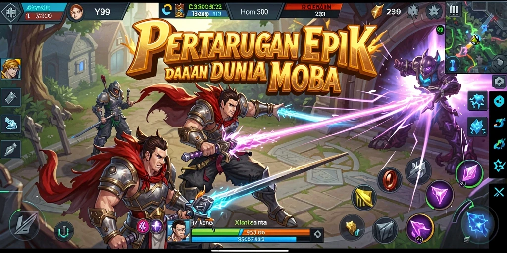 Screenshot gameplay Y89 menampilkan pertempuran seru dalam arena MOBA.